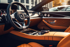 Luxury car interior with tan leather seats, classic elegance. AI generative.
